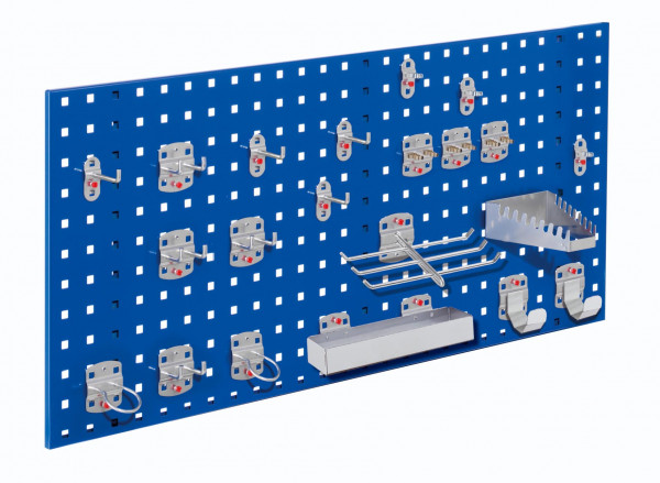 ®RasterPlan Einsteigerset 7 1 x ®RasterPlan Lochplatte RAL 5010 - Enzianblau Breite 1000 mm x Höhe 450 mm 1 x ®RasterPlan Werkzeughalter-Sortiment 21-teilig