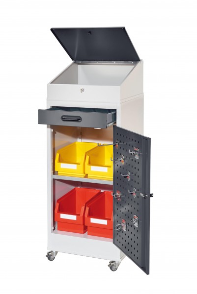 RasterPlan Arbeitsplatzschrank 1 Plus mobil, H 1200 x B 500 x T 500 mm Türinnenseite: RasterPlan Lochplatte RAL 7035/7016, 1 Schublade, 1 Boden, 1 Pultaufsatz, 1 Mobiler Rahmen.