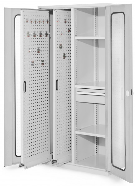 ®RasterPlan Vertikalschrank Modell 82 1950 x 1000 x 600 mm RAL 7035. Sichtfenstertür. 2 Auszüge Lochplatten 3 Böden 1 Schubladen 175 mm.