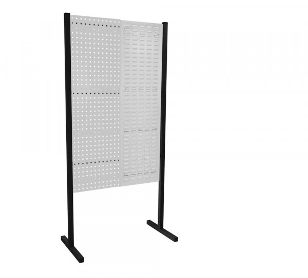 ®RasterPlan Trennwand Einzelfeld L1000 mm H1500 mm RAL 7035. Mit 1 ®RasterPlan Lochplatte 1 ®RasterPlan Schlitzplatte.