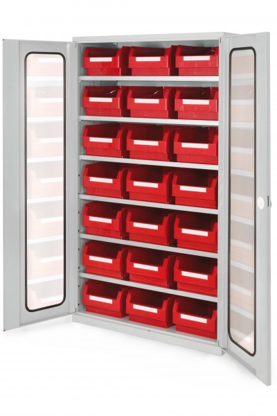 Großraumschrank Modell 13 RAL 7035 1950 x 1130 x 590 mm. Sichtfenstertüren inklusiv Lagersichtkasten 21 x Größe 2.