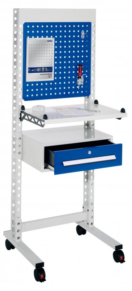 ErgoPlus Steharbeitsplatz RAL 7035 /5010 H1770 x B 670 mm. Modell 1 inklusiv 1 Schubladen 200 x B 570 x T 400 mm ausgestattet mit 4 Lenkrollen davon 2 mit Feststeller.