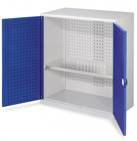 RasterPlan Werkzeugschrank Mod 2 500, H1000 x B1000 x T500 mm, RAL 7035/5010. Türinnenseite: RasterPlan Lochplatte, 1 Fachboden.