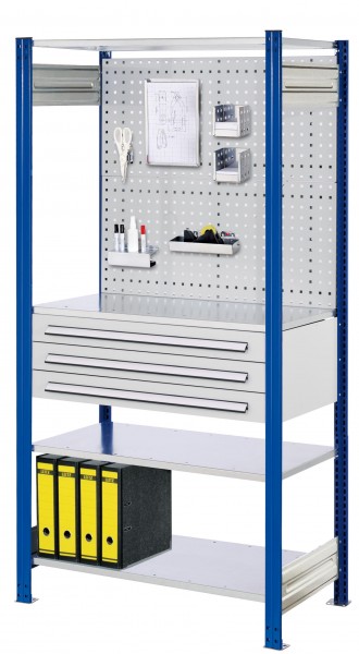 RasterPlan Steckregal Grundfeld RAL 5010 Modell 3, 2000 x 1000 x 500 mm. Grundfeld mit 4 x Fachboden 500 mm, 2 x Rückwand Lochplatten B 1000 mm, 1 x Schubladenblock dreifach, 1 x Formularhalter, 1 x Kombistifthalter, 2 x Zettelbox, 1 x Magnethalter, 1 x A