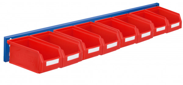 ®RasterPlan Wandschiene Schlitzplatte Set 5 L 920 mm x H 100 mm RAL 5010. 8 x Lagersichtkästen Größe 7.