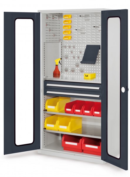 ®RasterPlan Schubladenschrank Modell 31 RAL 7035/7016. Sichtfenstertür. 1950 x 1000 x 600 mm 2 Schubladen H 100 mm 3 Fachböden verzinkt.