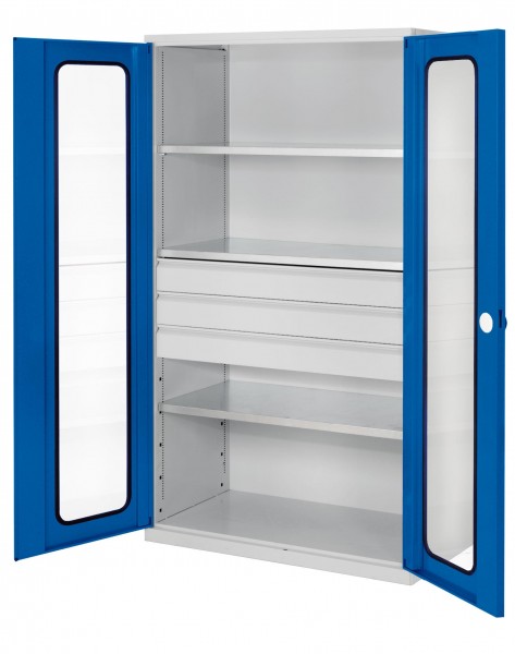 ®RasterPlan Großvolumenschrank 1950 x 1130 x 590 mm RAL 7035/5010. Sichtfenstertür 3 Böden 3 Schubladen.