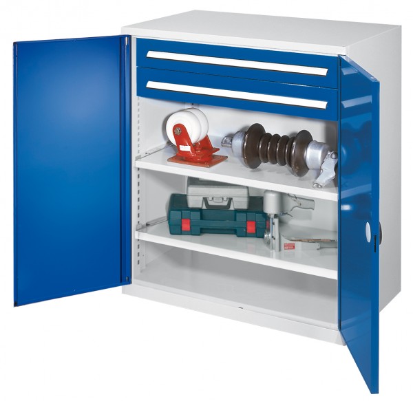 Schwerlast-Beistellschrank Modell 63 1110 x 1000 x 600 mm RAL 7035/5010. Doppelwandtüren 2 Schubladen H 100 mm 2 Fachböden B 1000 mm.