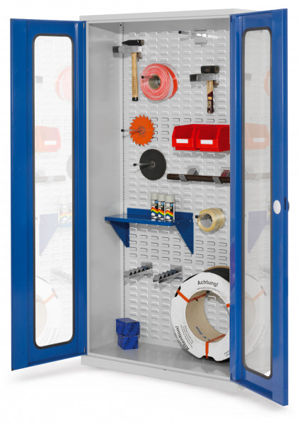 ®RasterPlan Werkstückschrank mit Schlitzplattenrückwand RAL7035 / 5010. Sichtfenstertür H 1950 x B 1000 x T 410 mm.
