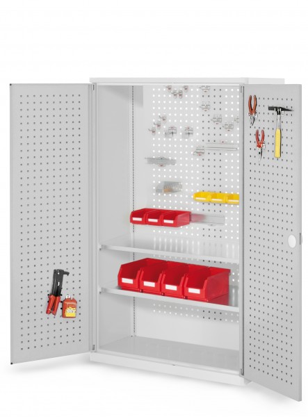 RasterPlan Werkzeugschrank Mod 4 500, H1600 x B1000 x T500 mm, RAL 7035. Türinnenseite: RasterPlan Lochplatte, 2 Fachböden.