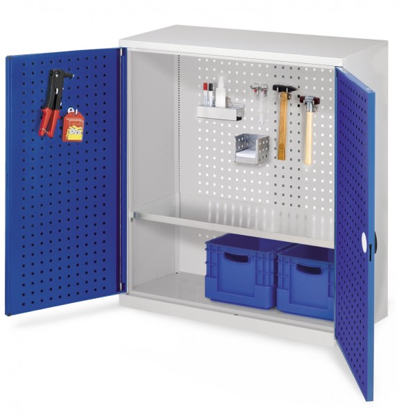 RasterPlan Werkzeugschrank Mod. 2 410, H1000 x B1000 x T410 RAL 7035/5010. Türinnenseite: RasterPlan Lochplatte ,1 Fachboden.