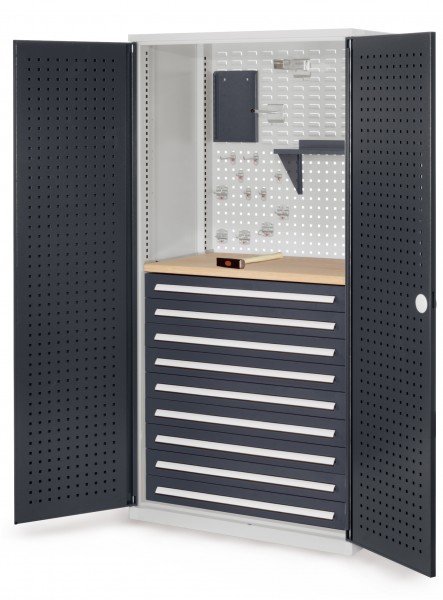 ®RasterPlan Schubladenschrank Modell 17 RAL 7035/7016. Türinnenseite: Lochplatten 1950 x 1000 x 600 mm mm 9 Schubladen H 100 mm mm 1 Werkbankplatte Multiplex.