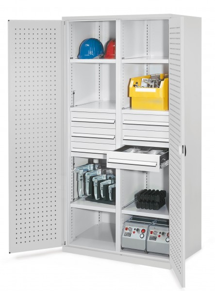 Schwerlastschrank mit Mitteltrennwand 1950 x 1000 x 600 mm Mod 53 RAL 7035. Türinnenseite: ®RasterPlan Lochplatten 6 Schubladen H 125 mm 3 Fachboden links verzinkt 3 Fachboden rechts verzinkt.