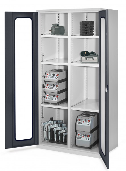 Schwerlastschrank mit Mitteltrennwand 1950 x 1000 x 600 mm Mod 51 RAL 7035/7016. Sichtfenstertür 3 Fachböden links verzinkt 3 Fachböden rechts verzinkt.