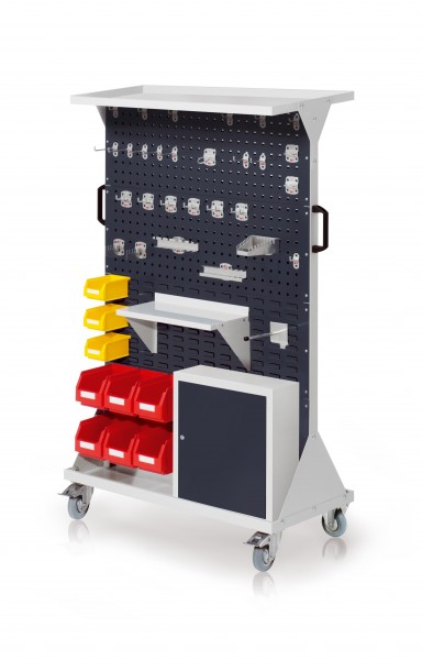 RasterMobil Gr. 4 RAL 7035/7016 H1620 x B1000 x T500 mm. 1 x Auflageboden aus Stahlblech 1 x Werkzeughaltersort. 28-teilig 1 x Stahlboden 450 mm 1 x Universalhalter,1 x Einhängeschrank 6 x Lagersichtkästen Größe 6 3 x Lagersichtkästen Größe 7.