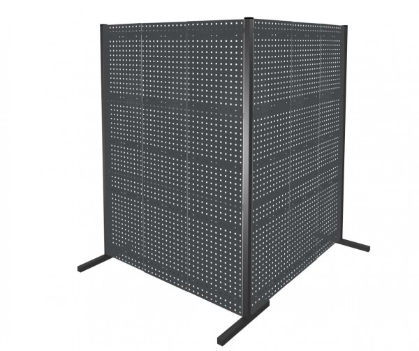 ®RasterPlan Trennwand Doppelfeld 90° L1500 / 1500 mm H2000 mm RAL 7016. Mit 6 ®RasterPlan Lochplatten.