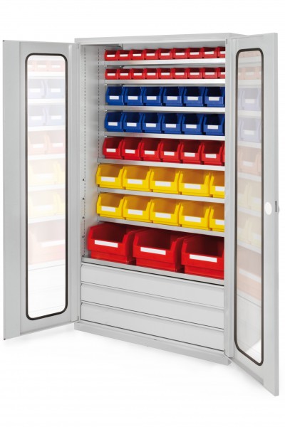 Großraumschrank Modell 21 RAL 7035 1950 x 1130 x 590 mm. Sichtfenstertüren 3 Schubladen unten inklusiv Lagersichtkasten 3 x Größe 2 10 x Größe 4 7 x Größe 5 14 x Größe 6 20 x Größe 7 :