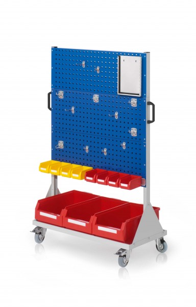 RasterMobil Gr. 4 RAL 7035/5010 H1580 x B1000 x T500 mm. 1 x Werkzeughaltersortiment 12-teilig 1 x Formularhalter A4 1 x Lagersichtkastenhalter 990 mm 8 x Lagersichtkästen Größe 7 3 x Lagersichtkästen Größe 2.