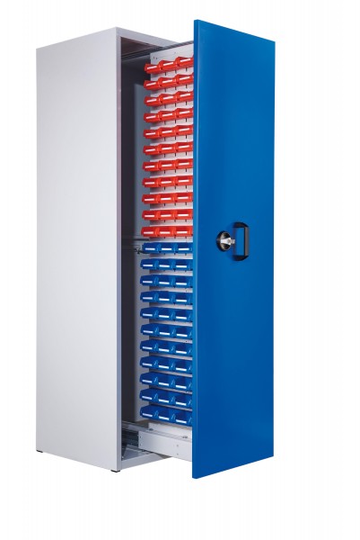 ®RasterPlan Zugwagenschrank Mod 1 2000 x 590 x 600 mm 7035/5010. 1 Auszug einseitig bestückt mit Lagersichtkasten 88 x Größe 8.
