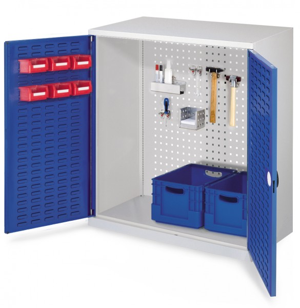 RasterPlan Werkzeugschrank Mod. 1 500, H1000 x B1000 x T500 mm, RAL 7035/ 5010. Türinnenseite: RasterPlan Schlitzplatte.