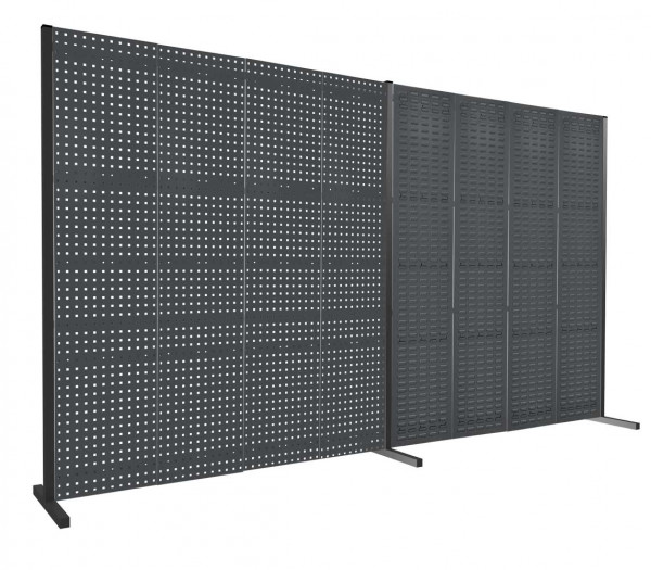 ®RasterPlan Trennwand Doppelfeld 180° 2000 / 2000 mm H2000 mm RAL 7016. Mit 4 ®RasterPlan Lochplatten 4 ®RasterPlan Schlitzplatten.