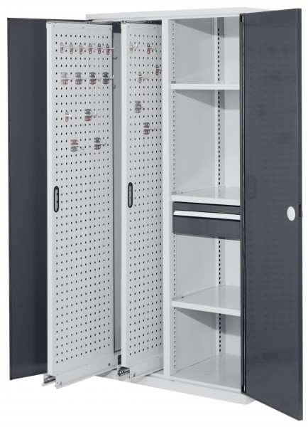 ®RasterPlan Vertikalschrank Modell 82 1950 x 1000 x 600 mm RAL 7035/7016. Doppelwandtür 2 Auszüge Lochplatten 3 Böden 1 Schubladen 175 mm.