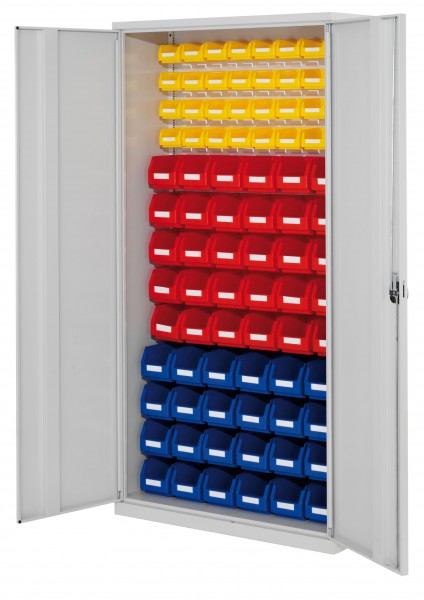 ®RasterPlan Schlitzplattenschrank H1950 x B 1000 x T 410 mm RAL 7035 Modell51 Vollblechtüren bestückt mit Lagersichtkasten 24 x Größe 5 30 x Größe 6 32 x Größe 7.