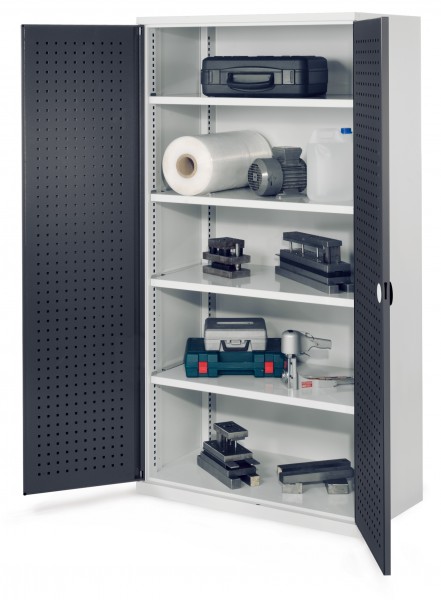 Schwerlastschrank ohne Mitteltrennwand 1950 x 1000 x 600 mm Mod 41 RAL7035/7016. Türinnenseite: ®RasterPlan Lochplatten 4 Fachböden verzinkt.