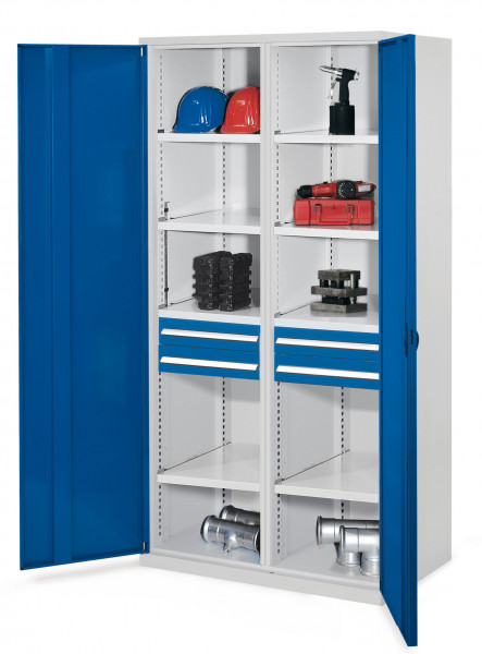 Schwerlastschrank mit Mitteltrennwand 1950 x 1000 x 600 mm Mod 56 RAL 7035/5010. Vollblechtüren 2 Schubladen H 100 mm 4 Fachböden links verzinkt 4 Fachböden rechts verzinkt.