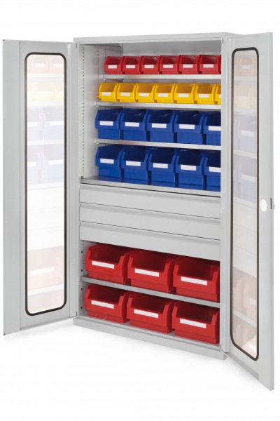 Großraumschrank Modell 35 RAL 7035 1950 x 1130 x 590 mm. Sichtfenstertüren 3 Schubladen mittig inklusiv Lagersichtkasten 6 x Größe 2 10 x Größe 3 7 x Größe 5 7 x Größe 6.