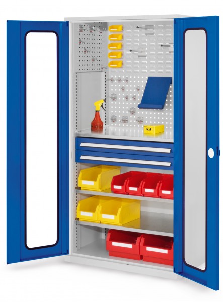 ®RasterPlan Schubladenschrank Modell 31 RAL 7035/5010. Sichtfenstertür. 1950 x 1000 x 600 mm 2 Schubladen H 100 mm 3 Fachböden verzinkt.