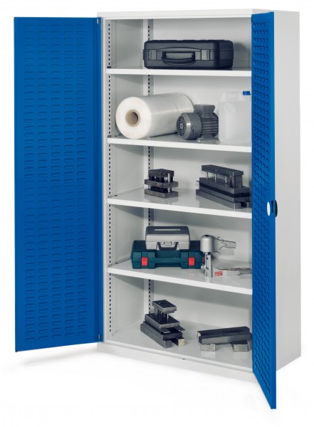 Schwerlastschrank ohne Mitteltrennwand 1950 x 1000 x 600 mm Mod 41 RAL 7035/5010. Türinnenseite: ®RasterPlan Schlitzplatten 4 Fachböden verzinkt.