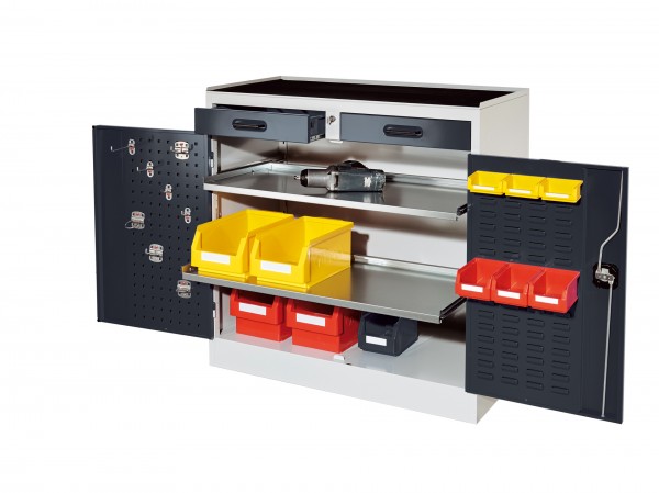 RasterPlan Arbeitsplatzschrank Modell 4S, H 1000 x B 1000 x T 500 mm. Je 1 Innentür RasterPlan Lochplatte, RasterPlan Schlitzplatte, RAL 7035/7016, 2 Schubladen 2 ausziehbare Böden.
