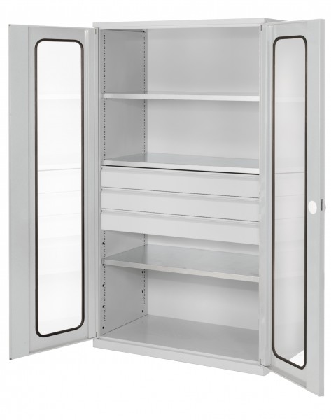 ®RasterPlan Großvolumenschrank 1950 x 1130 x 590 mm RAL 7035. Sichtfenstertür 3 Böden 3 Schubladen.