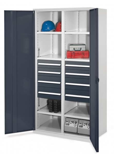 Schwerlastschrank mit Mitteltrennwand 1950 x 1000 x 600 mm Mod 54 RAL 7035/7016. Vollblechtür 4 Schubladen H 100 mm 4 Schubladen H 175 mm 3 Fachboden links verzinkt 3 Fachboden rechts verzinkt.