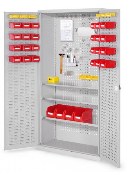 ®RasterPlan Werkzeugschrank Mod. 6 410 H1950 x B1000 x T410 mm RAL 7035. Türinnenseite: ®RasterPlan Schlitzplatte 3 Fachböden.