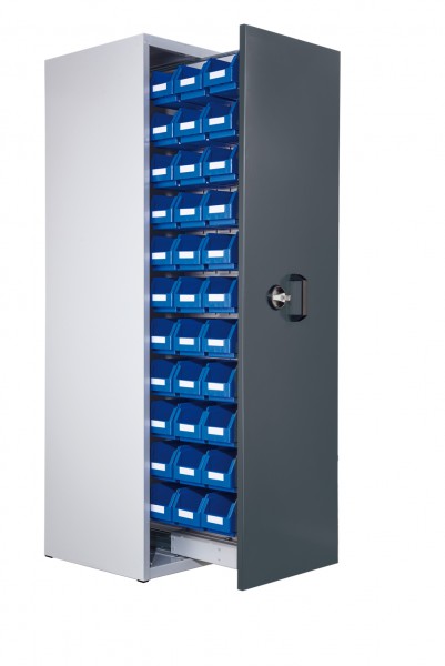 ®RasterPlan Zugwagenschrank Mod 3 2000 x 590 x 600 mm 7035/7016. 1 Auszug einseitig bestückt mit Lagersichtkasten 33 x Größe 6.