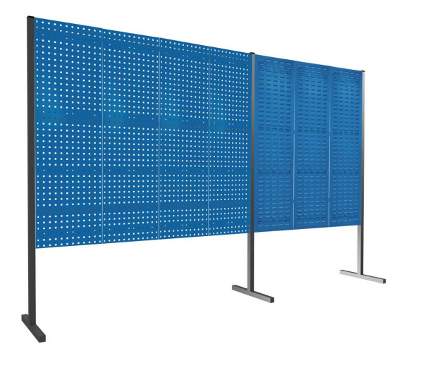®RasterPlan Trennwand Doppelfeld 180° 1500 / 2000 mm H1500 mm RAL 5010. Mit 4 ®RasterPlan Lochplatten 3 ®RasterPlan Schlitzplatten.