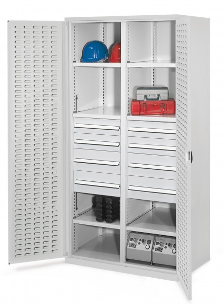 Schwerlastschrank mit Mitteltrennwand 1950 x 1000 x 600 mm Mod 54 RAL 7035. Türinnenseite: ®RasterPlan Schlitzplatten 4 Schubladen H 100 mm 4 Schubladen H 175 mm 3 Fachboden links verzinkt 3 Fachboden rechts verzinkt.
