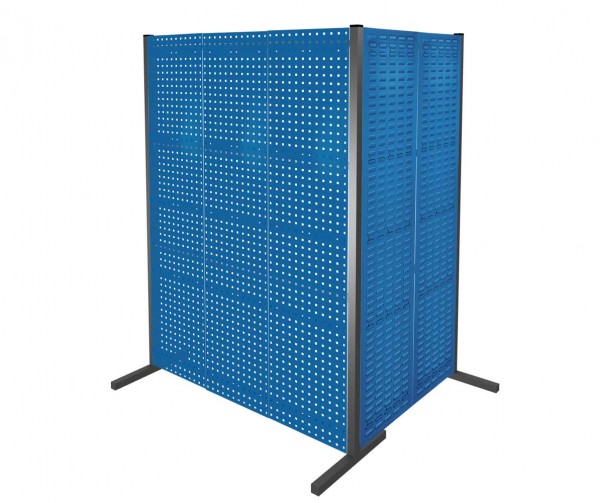 ®RasterPlan Trennwand Doppelfeld 90° 1000 / 1500 mm H2000 mm RAL 5010. Mit 3 ®RasterPlan Lochplatten 2 ®RasterPlan Schlitzplatten.