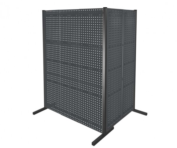 ®RasterPlan Trennwand Doppelfeld 90° 1000 / 1500 mm H2000 mm RAL 7016. Mit 3 ®RasterPlan Lochplatten 2 ®RasterPlan Schlitzplatten.
