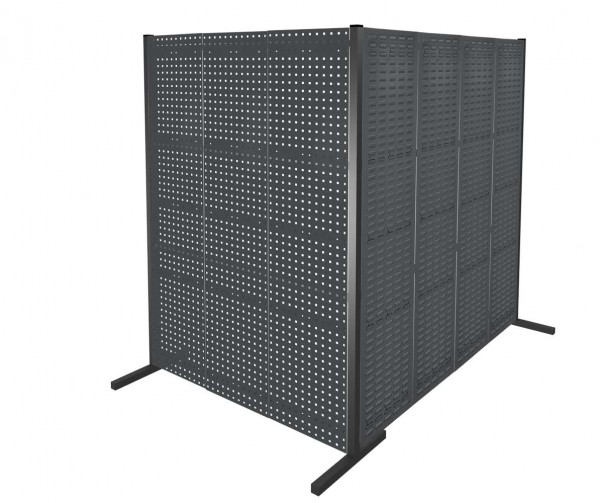 ®RasterPlan Trennwand Doppelfeld 90° 1500 / 2000 mm H2000 mm RAL 7016. Mit 4 ®RasterPlan Lochplatten 3 ®RasterPlan Schlitzplatten.