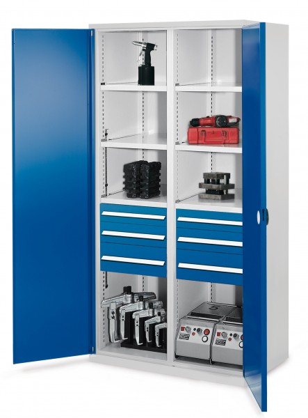 Schwerlastschrank mit Mitteltrennwand 1950 x 1000 x 600 mm Mod 55 RAL 7035/5010. Doppelwandtüren 2 Schubladen H 100 mm 2 Schubladen H 125 mm 2 Schubladen H 175 mm 3 Fachböden links verzinkt 3 Fachböden rechts verzinkt.