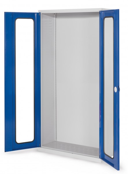 Systemschrank Leergehäuse Serie 400 RAL 7035/5010 H1950 x B1000 x T410 mm Sichtfenstertüren.