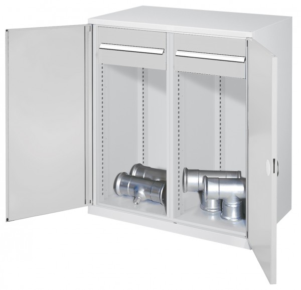 Schwerlast-Beistellschrank Modell 75 1110 x 1000 x 600 mm RAL 7035. Mit Mitteltrennwand Doppelwandtüren 2 Schubladen 175 mm