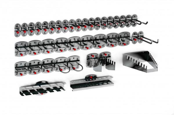 RasterPlan Werkzeughalter-Sortiment, 40-teilig anthrazitgrau. 9 Werkzeughalter mit schrägem Ende,12 Werkzeughalter mit senkr. Ende, 9 Doppelter Werkzeughalter, 3 Zangenhalter, 2 Maschinenhalter, 1 Schraubenschlüsselhalter, 1 Schraubendreherhalter, 1 Bohr
