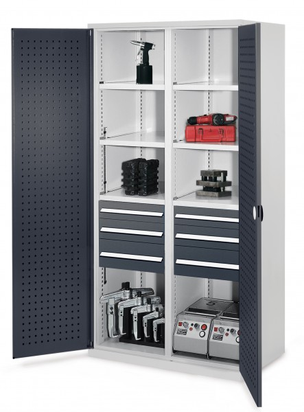 Schwerlastschrank mit Mitteltrennwand 1950 x 1000 x 600 mm Mod 55 RAL 7035/7016. Türinnenseite: ®RasterPlan Lochplatte 2 Schubladen H 100 mm 2 Schubladen H 125 mm 2 Schubladen H 175 mm 3 Fachböden links verzinkt 3 Fachböden rechts verzinkt.