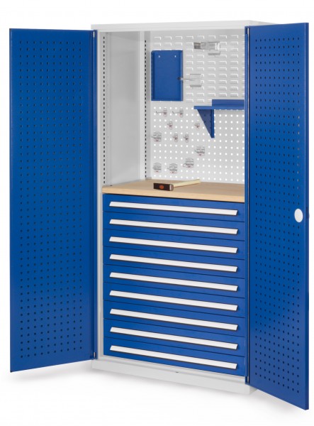 ®RasterPlan Schubladenschrank Modell 17 RAL 7035/5010. Türinnenseite: Lochplatten 1950 x 1000 x 600 mm 9 Schubladen H 100 mm 1 Werkbankplatte Multiplex.