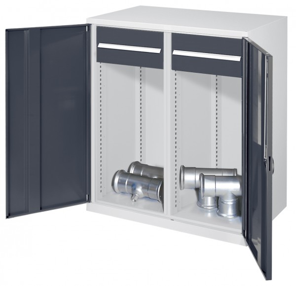 Schwerlast-Beistellschrank Modell 75 1110 x 1000 x 600 mm RAL 7035/7016. Mit Mitteltrennwand Vollblechtüren 2 Schubladen 175 mm