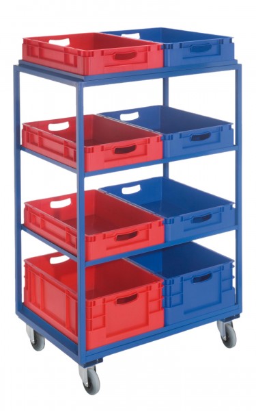 Beistell- und Kommissionierwagen RAL5010 4 gerade Böden mit Bestückung. Inklusive Transportbehälter: 6 x 600 x 400 x 120 mm 2 x 600 x 400 x 220 mm.